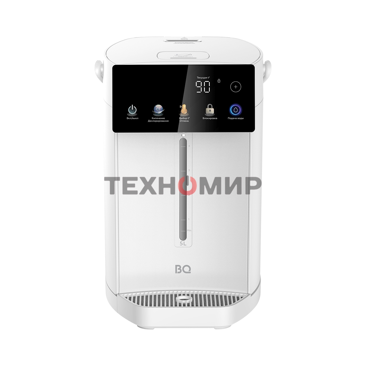 Термопот BQ TP5001 White. Мощность 1600 Вт/Объем 5 л/Сенсорный LED-дисплей/Поддержание температуры/Функция дехлорирования/Регулировка темперы от 40 до 90 'C/Система защиты: от перегрева, от включения без воды, блокировка подачи воды/Внутренняя колба из не