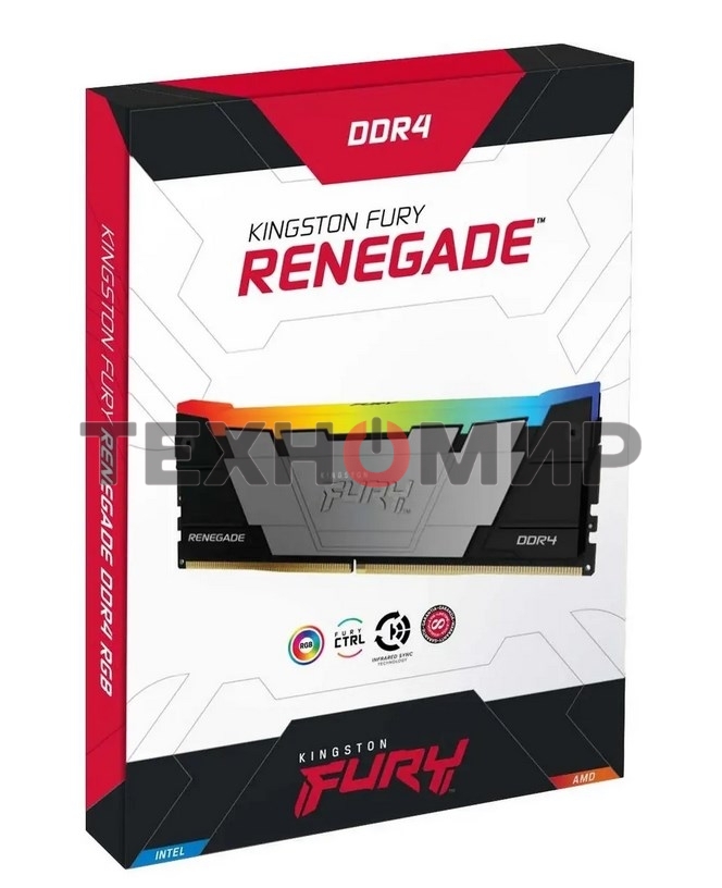 Оперативная память Kingston Fury Renegade, DDR4, 16GB (1x16GB), 3200MHz, CL16, DIMM, с радиатором, RGB, серебристый/черный