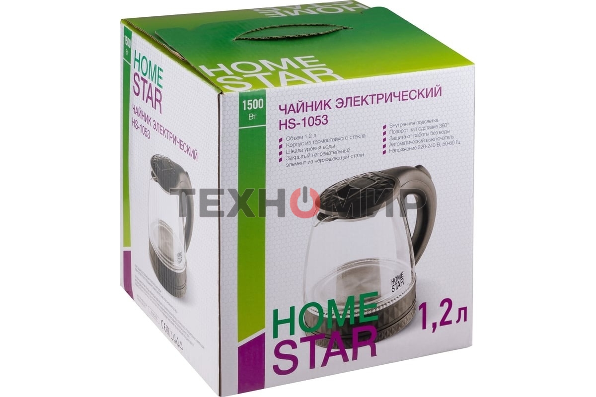 Чайник электрический Homestar HS-1053 1.2 л, стекло/пластик, черный