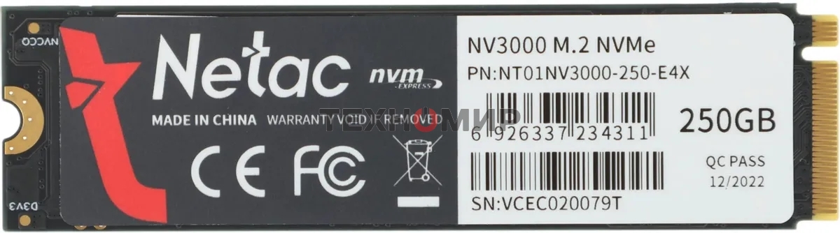 Накопитель SSD Netac NV3000, 250Gb, PCIe 3.0 x4, M.2 2280, NVMe, R/W 3000/1400