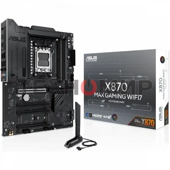 Материнская плата ASUS X870 MAX GAMING WIFI7, AM5, AMD X870, 4xDDR5, 4xSATA, 3xM.2, 1xPCIe 5.0 x16, 2xPCIe 4.0 x16, 1xPCIe x1, 1xHDMI, 2xUSB-C 40Gbps (USB4), 1xUSB-A 10Gbps, 3xUSB-A 5Gbps, 4xUSB-A 2.0, 1x2.5Gb LAN, Wi-Fi 7, Bluetooth 5.4, 3x3.5 мм, 7.1, A