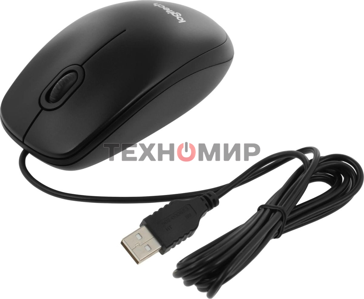 Мышь проводная Logitech B100 черный, 1000 dpi, USB, кнопки - 3