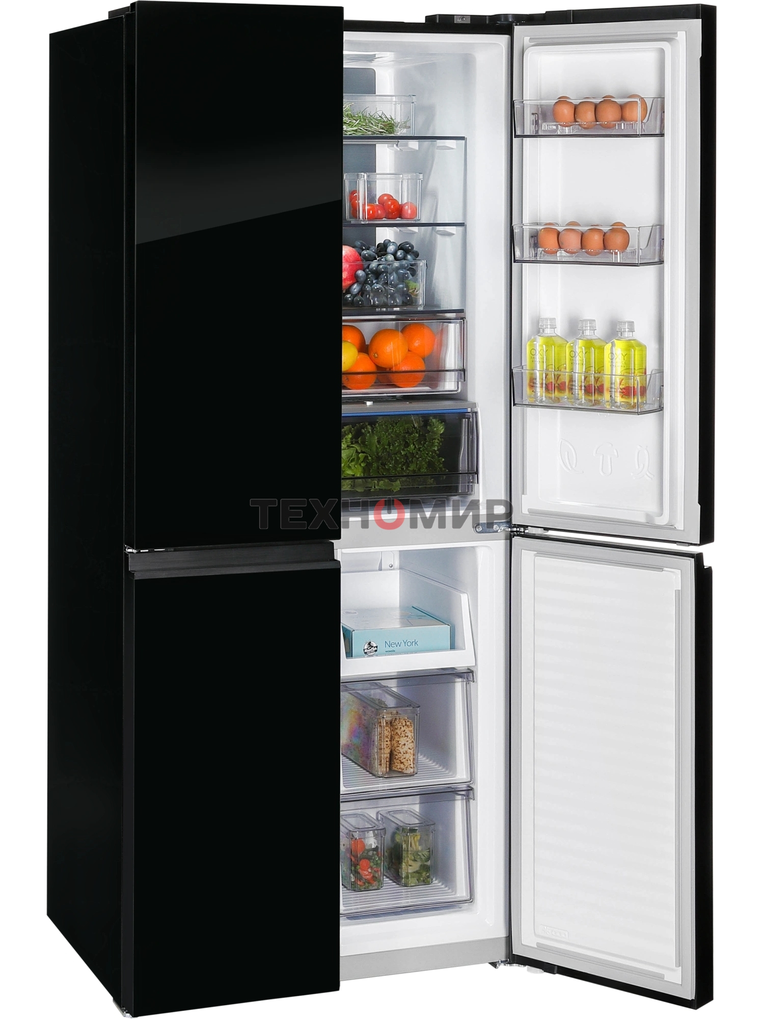 Холодильник Nordfrost RFQ 450 NFGb черное стекло многокамерный 270/135л морозилка сбоку, No Frost, Side by Side