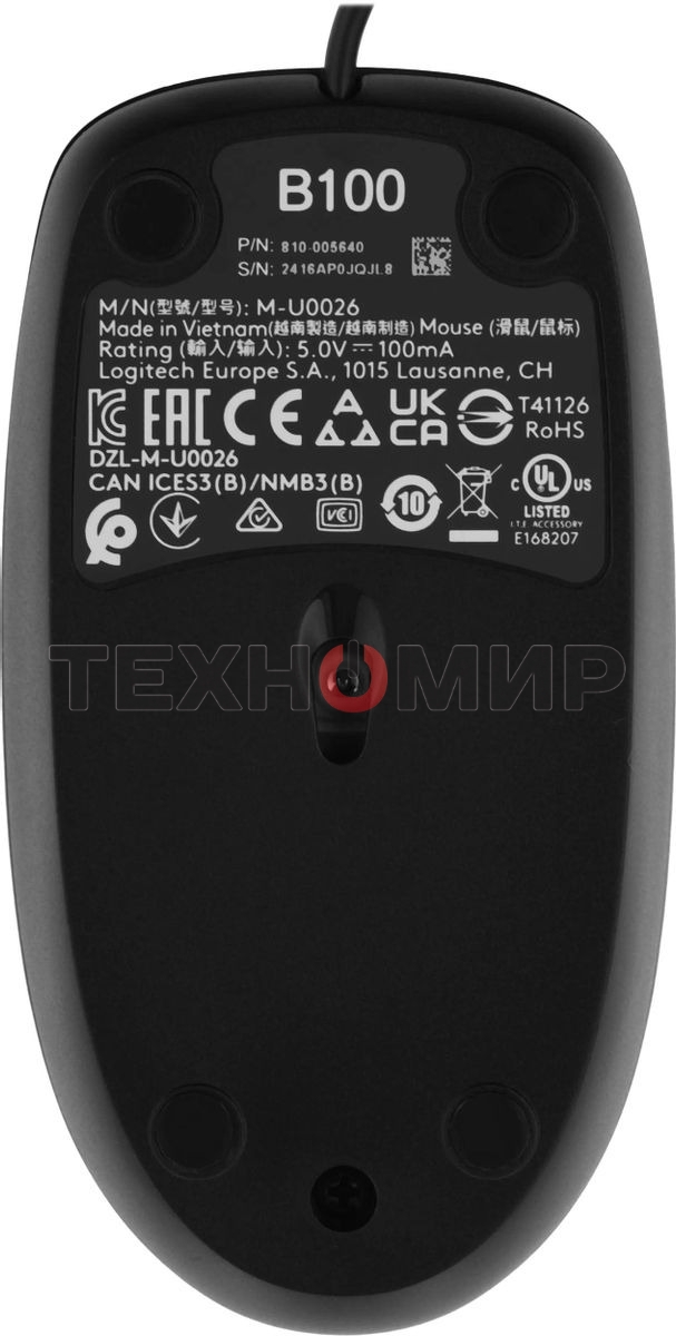Мышь проводная Logitech B100 черный, 1000 dpi, USB, кнопки - 3