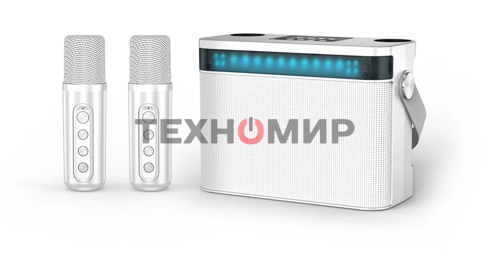 Переносная караоке система TRS2403 iconBIT K902W Колонка 10Вт, 2 микрофона Bluetooth, световые эффекты, аккумулятор в колонке 3000mAh и микрофонах, 22.3*9.6*15.7CM, белый