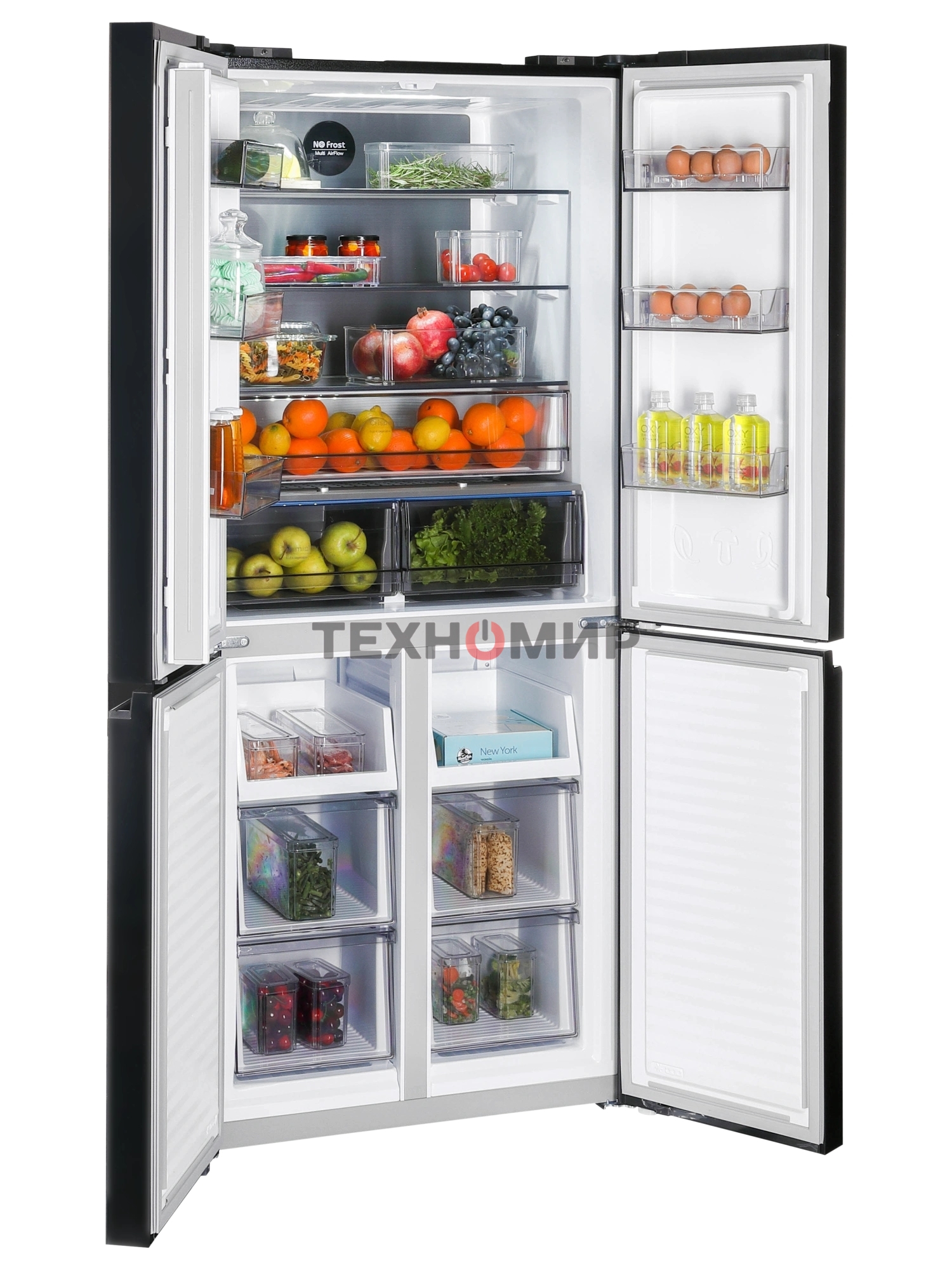 Холодильник Nordfrost RFQ 450 NFGb черное стекло многокамерный 270/135л морозилка сбоку, No Frost, Side by Side