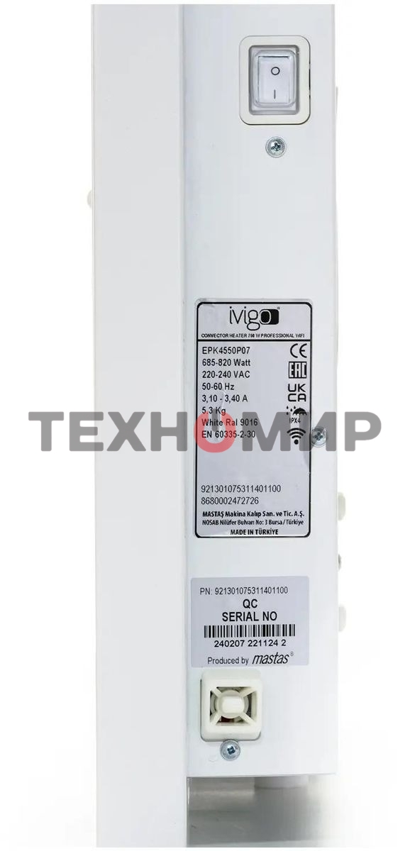 Конвектор электрический IVIGO EPK-Pro Wi-Fi EPK4550P07, белый, 750 Вт, 8 м2, с терморегулятором, Wi-Fi