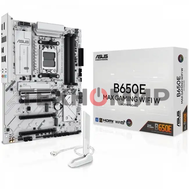 Материнская плата ASUS B650E MAX GAMING WIFI W, AM5, AMD B650, 4xDDR5, 4xSATA, 3xM.2, 1xPCIe 5.0 x16, 1xPCIe 4.0 x4, 2xPCIe 3.0 x1, 1xDP, 1xHDMI, 1x2.5Gb LAN, Wi-Fi 6E, Bluetooth 5.3, 1xUSB-C 10Gbps, 3xUSB-A 10Gbps, 2xUSB-A 5Gbps, 2xUSB-A 2.0, 3x3.5 мм, 7