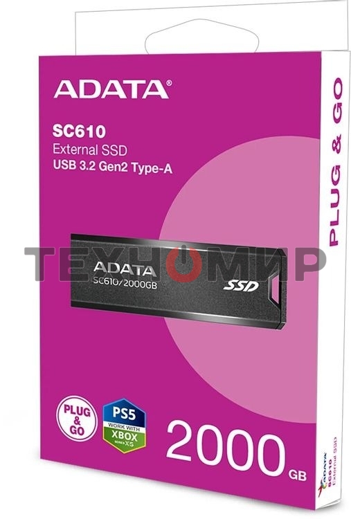 Внешний SSD ADATA SC610, 2TB, USB 3.2 Gen 2 Type-A, R/W 550/500, черный