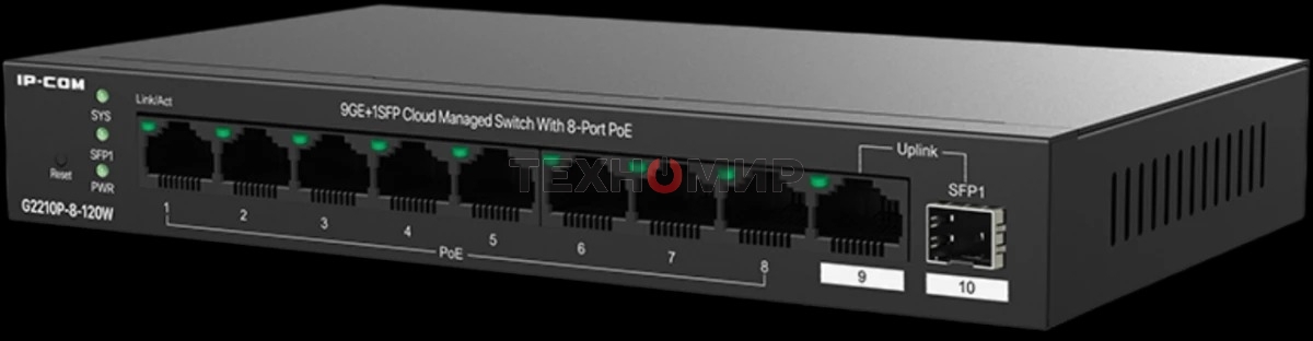 Коммутатор управляемый IP-COM G2210P-8-120W PoE, 10 портов, 9x1 Гбит/с, SFP 1x1 Гбит/с, PoE 8x30Вт (до 110 Вт)