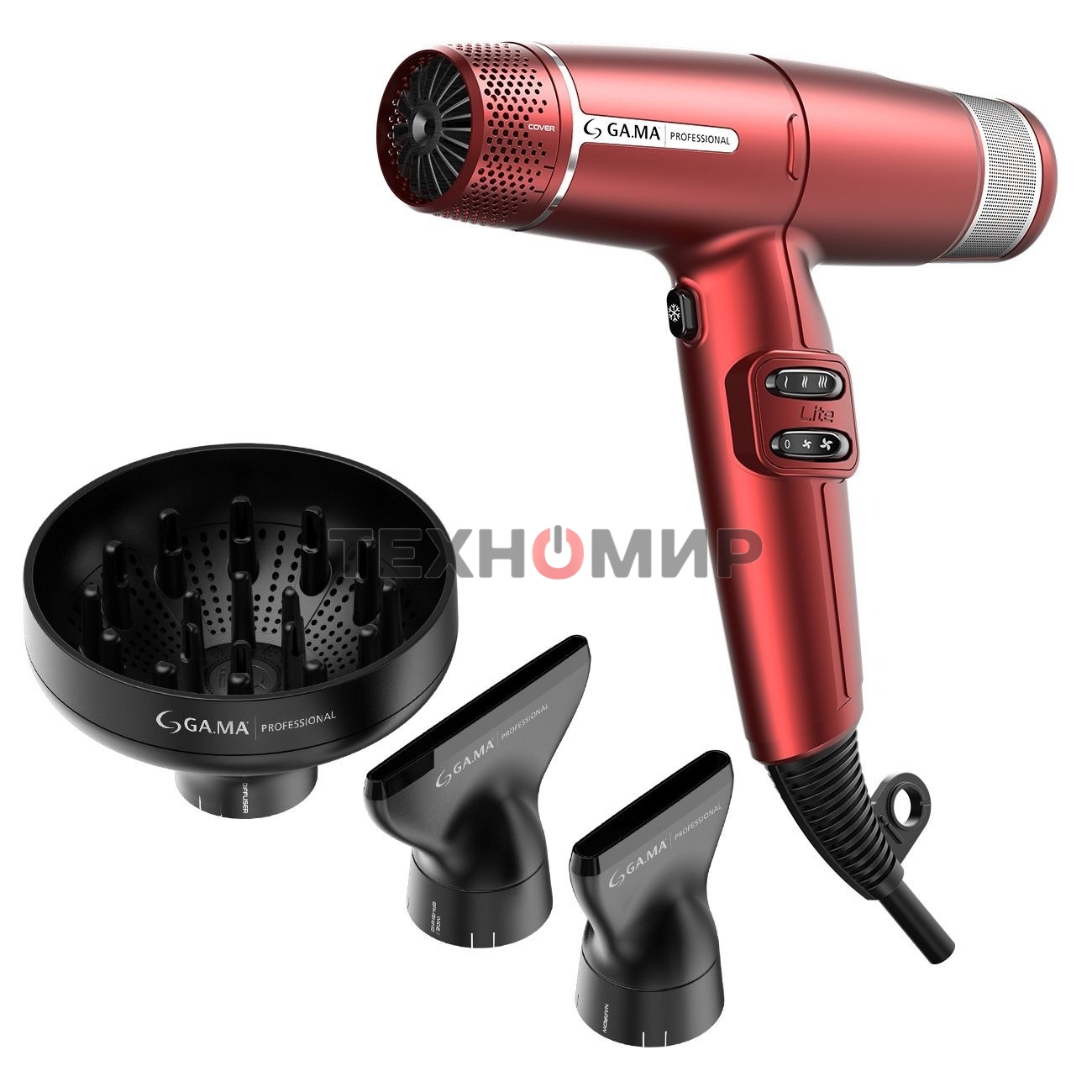 Фен GA.MA IQ LITE красный, 1600 Вт, компактный, ионизация