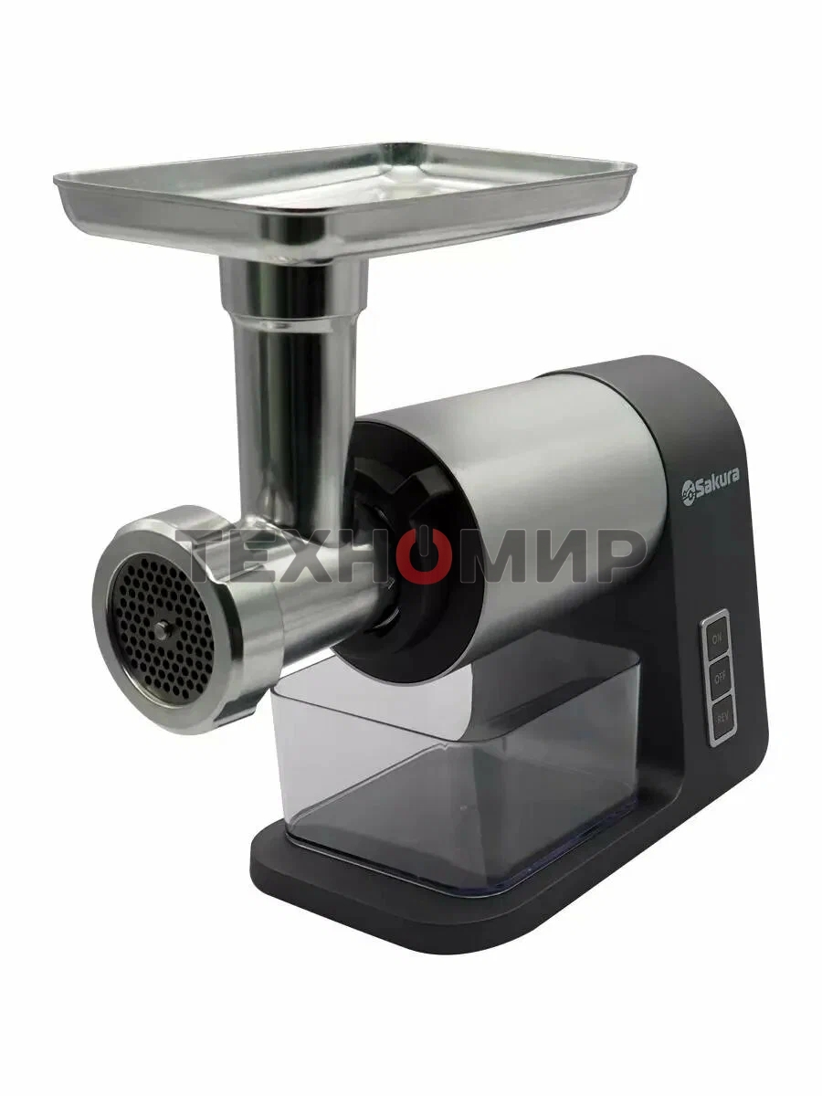 Мясорубка электрическая Sakura SA-6425G Premium серый, 2400 Вт, 2.5 кг/мин, реверс, защита от перегрузки, металлический лоток, насадки - 5
