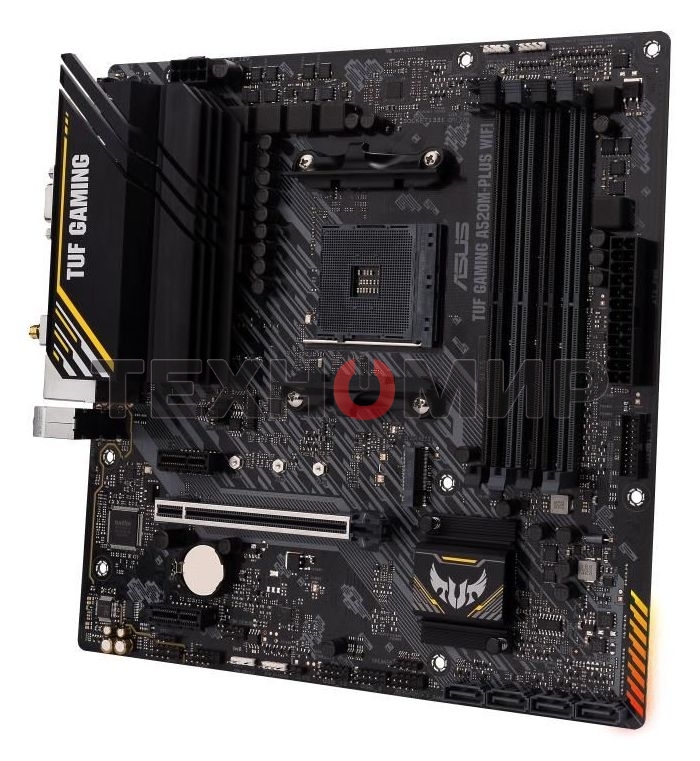 Материнская плата ASUS TUF GAMING A520M-PLUS WIFI, AM4, AMD A520, 4xDDR4, 4xSATA, 1xM.2, 1xPCIe 3.0 x16, 2xPCIe x1, 1xVGA, 1xHDMI, 1xDP, 1x 1Gb LAN, 2xUSB-A 3.2 Gen 1, 2xUSB-A 2.0, 3x3.5 мм, 7.1, mATX