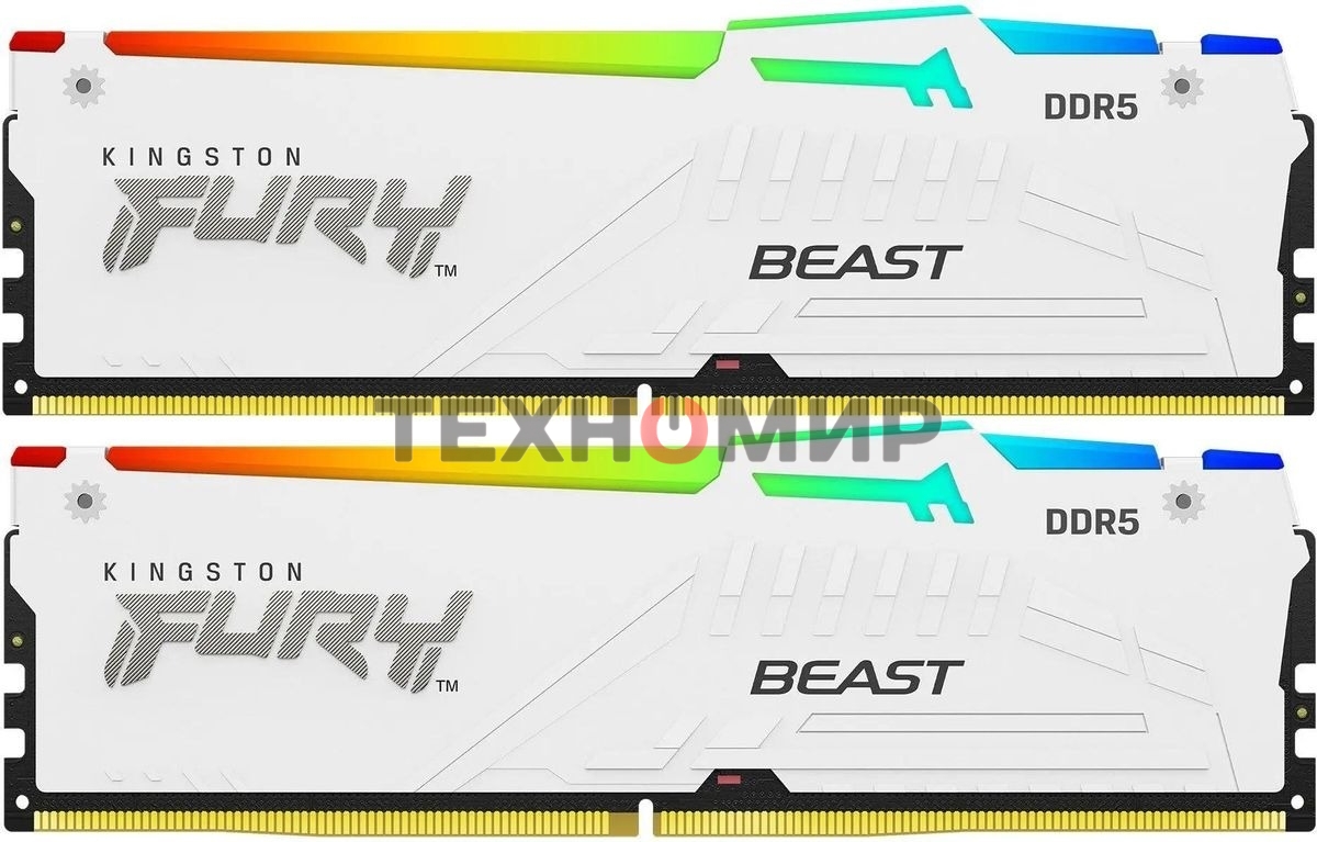 Оперативная память Kingston Fury Beast, DDR5, 32Gb (2x16Gb), 5600MHz, CL40, DIMM, с радиаторами, RGB, белый