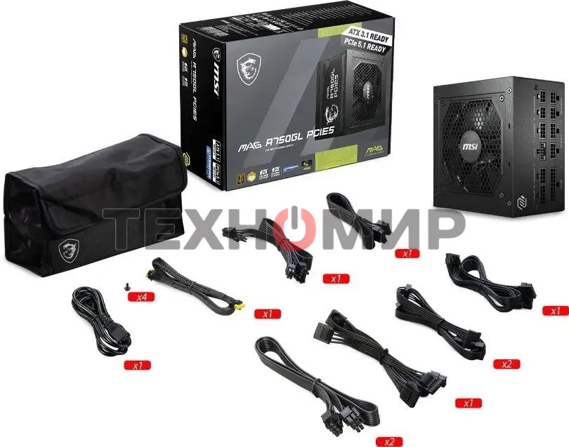 Блок питания MSI ATX 750W MAG A750GL PCIE5 Gen.5 80 PLUS gold (20+4pin) APFC 120мм fan 8xSATA Cab Manag RTL