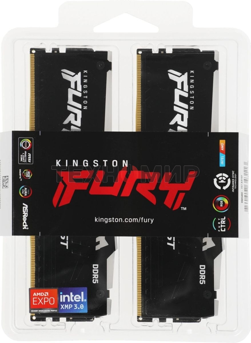 Оперативная память Kingston Fury Beast, DDR5, 32Gb (2x16 Gb), 6400 MHz, CL32, радиатор, RGB, черный