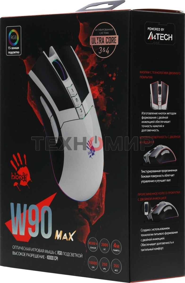 Мышь проводная A4Tech Bloody W90 Max белый/черный, 10000 dpi, USB, кнопки - 10