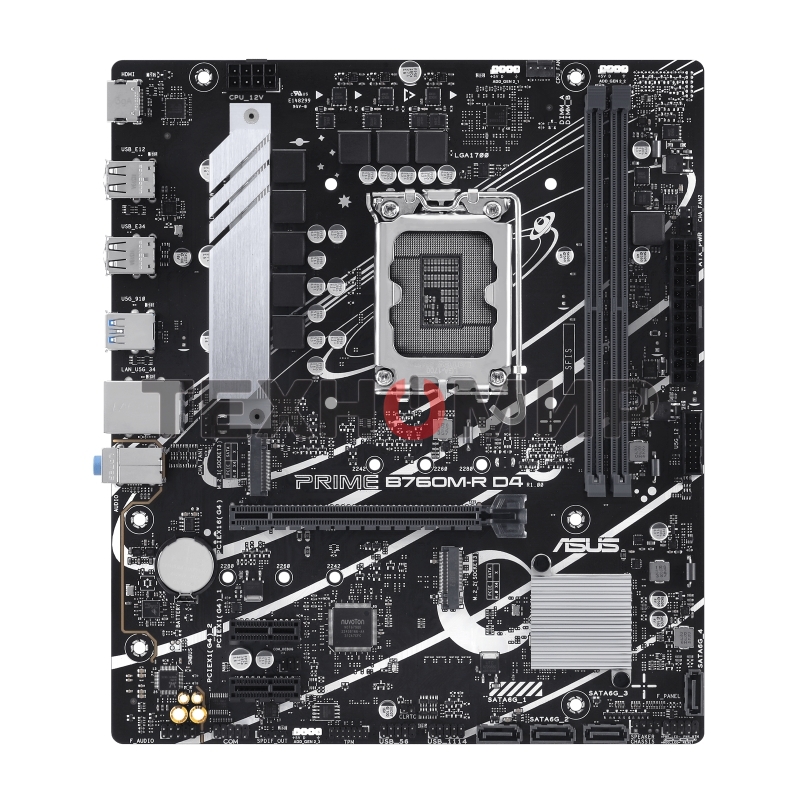 Материнская плата ASUS PRIME B760M-R D4, LGA 1700, Intel B760, 2xDDR4, 4xSATA, 2xM.2, 1xPCIe 4.0 x16, 1xPCIe x1, 1xHDMI, 1x 2.5Gb LAN, 4xUSB-A 2.0, 4xUSB-A 3.2 Gen 1, 3x3.5 мм, 7.1, mATX