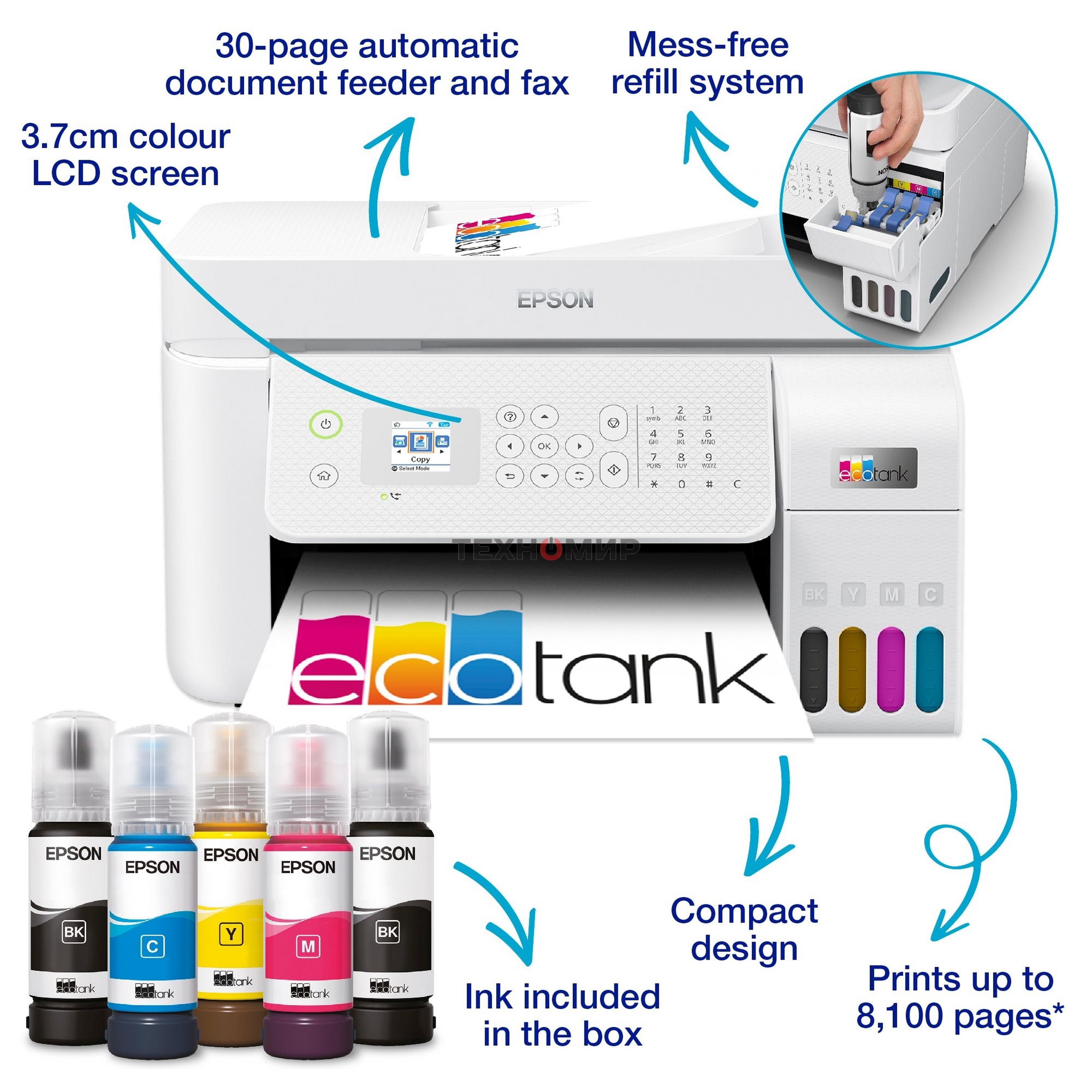 МФУ струйное Epson EcoTank L5296 (C11CJ65411) белый, A4, ч/б печ. 33стр/мин., цв. печ. 15стр/мин., 5760x1440 DPI, 2400х1200 DPI, USB, Ethernet, Wi-Fi