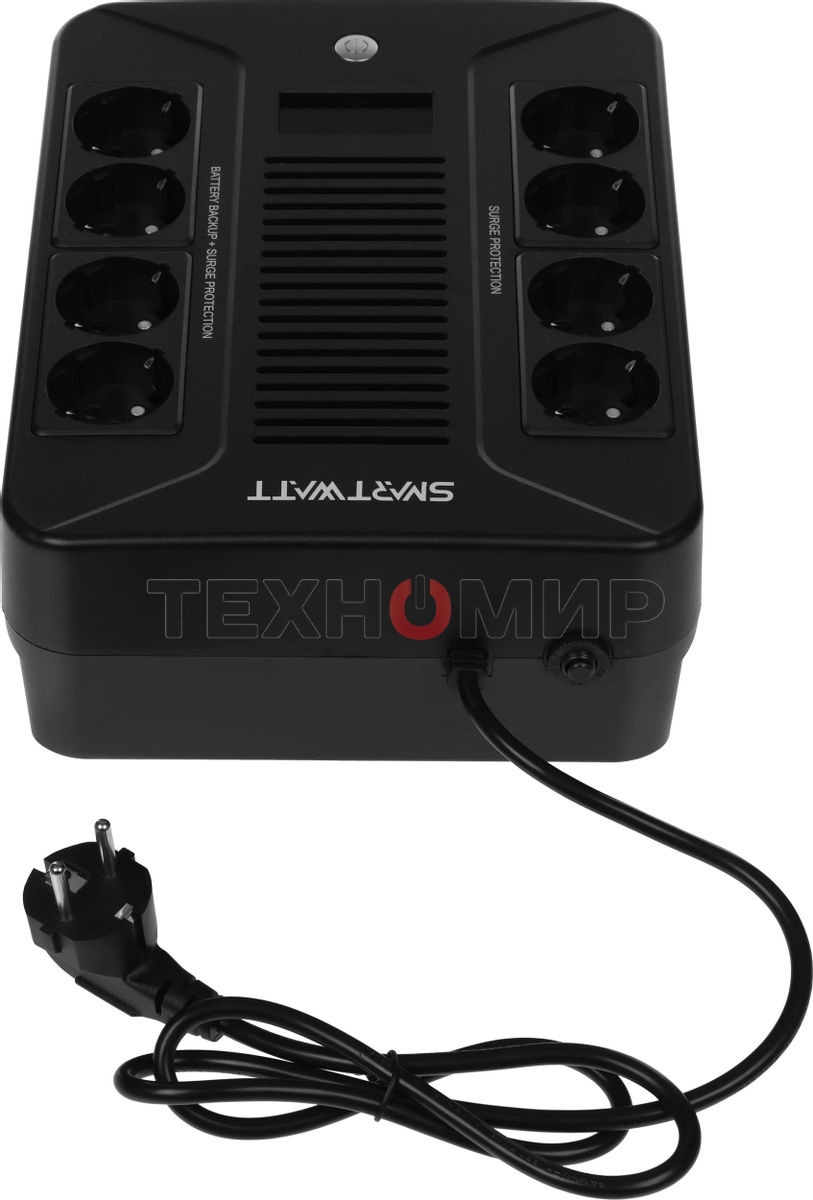 Источник бесперебойного питания SMARTWATT UPS SAFE PRO LCD 1000 черный 1000/600 ВА/Вт, напольный/настенный, линейно-интерактивный, LCD дисплей, Shuko CEE7/4 - 8 шт. (4 шт. с резервным питанием, 4 шт. - сетевой фильтр)