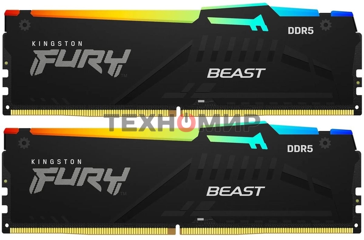 Оперативная память Kingston Fury Beast, DDR5, 32Gb (2x16 Gb), 6400 MHz, CL32, радиатор, RGB, черный