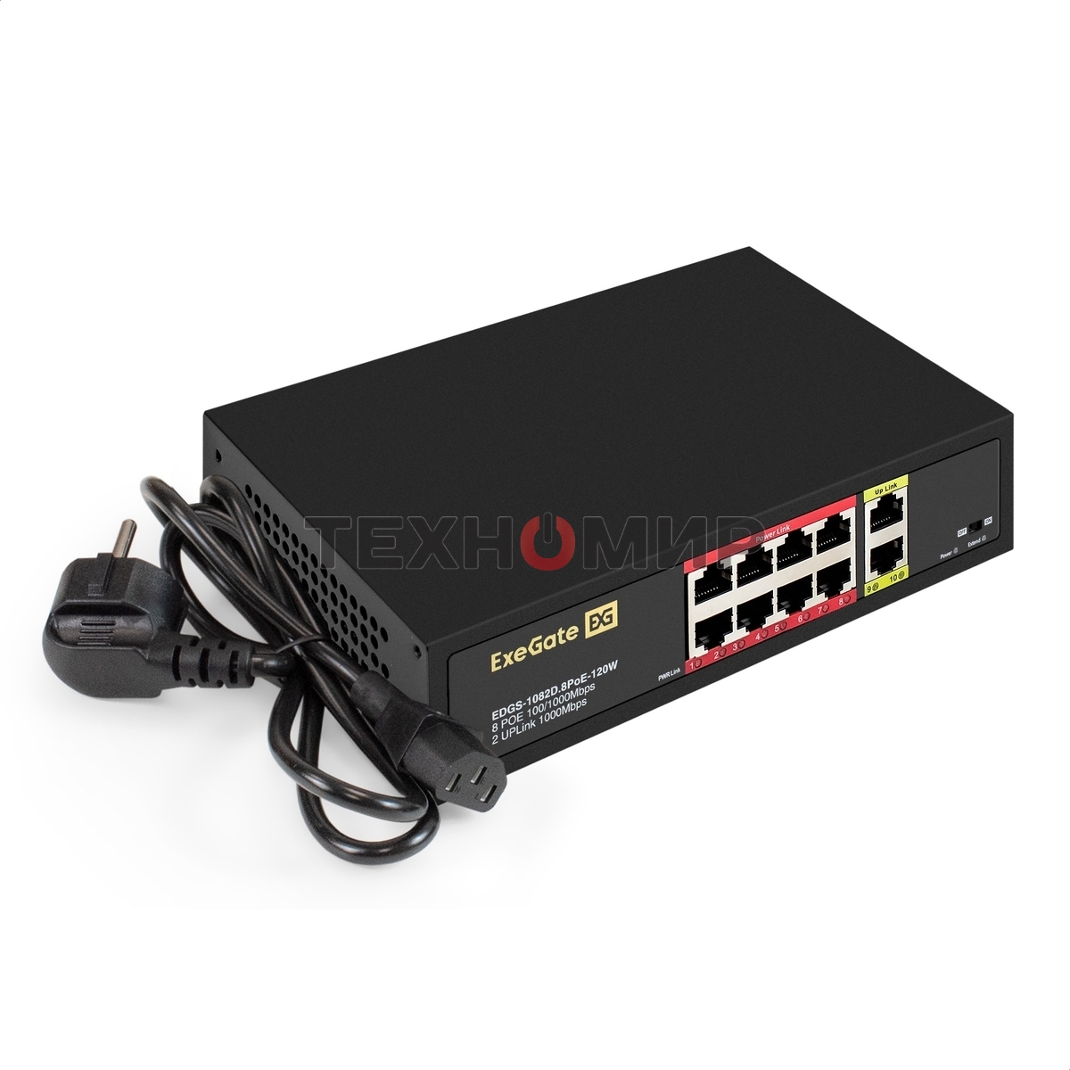 Коммутатор неуправляемый ExeGate EDGS-1082D.8PoE-120W (10-портовый: 8 портов UTP 10/100 Base-Tx с поддержкой IEEE 802.3af (PoE), мощность PoE: 15,4W, суммарно 120W, 2 порта RJ45 10/100/1000 Мбит/с (uplink), настенный/настольный, металлический корпус)