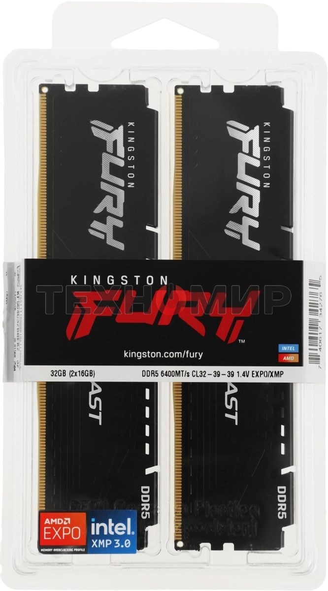 Оперативная память Kingston Fury Beast, DDR5, 32Gb (2x16Gb), 6400MHz, CL32, DIMM, с радиатором, черный