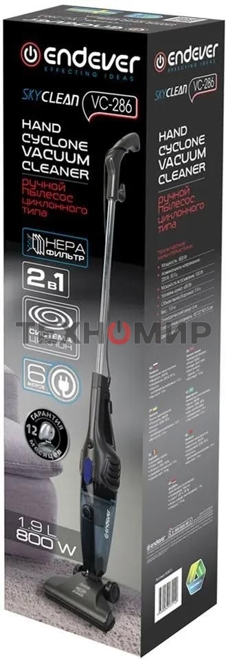 Пылесос вертикальный Endever VC-286 серый, питание от сети, 100 Вт, уборка сухая, пылесборник 1.9 л