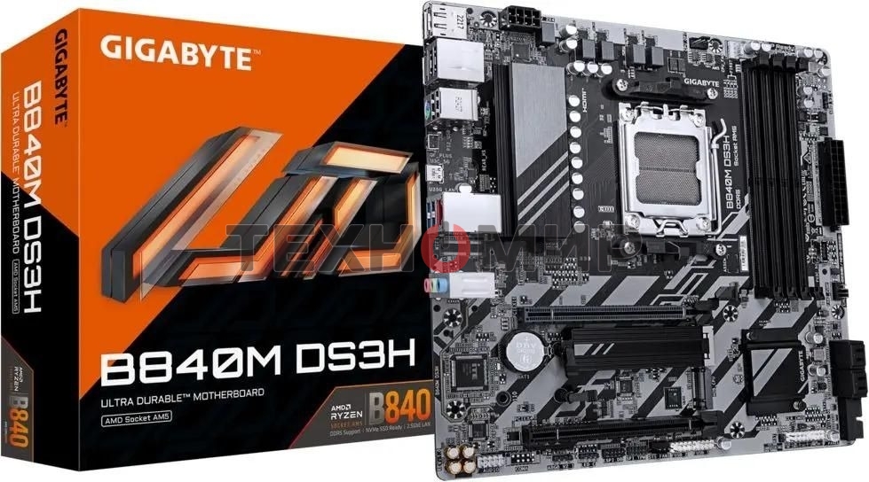 Материнская плата Gigabyte B840M DS3H, AM5, AMD B840, 4xDDR5, 4xSATA, 2xM.2, 1xPCIe 4.0 x16, 1xPCIe 3.0 x4, 2xDP, 1xHDMI, 1x2.5Gb LAN, 3xUSB-A 5Gbps, 8xUSB-A 2.0, 1xUSB-C 5Gbps, 3x3.5 мм, 7.1, mATX