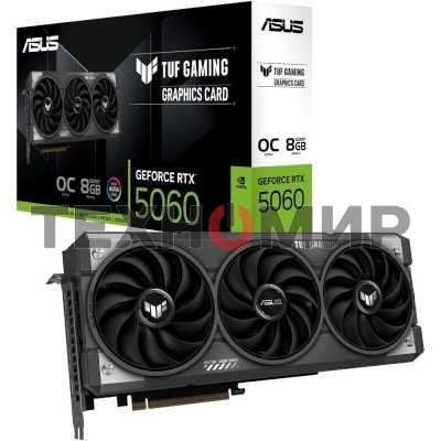 Видеокарта Asus TUF Gaming GeForce RTX 5060 OC, NVIDIA RTX 5060, 8Gb, GDDR7, 128 bit, PCI-E 5.0, HDMIx1, DPx3, HDCP, 2677 MHz