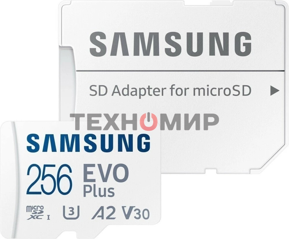 Флеш карта microSDXC 256Gb Samsung EVO Plus Class 10, A2, V30, UHS-I (U3), W 90 МБ/с, R 160 МБ/с, MB-MC256SA/KR адаптер на SD