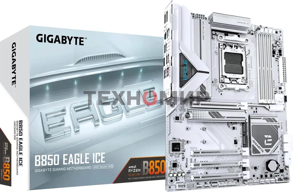 Материнская плата Gigabyte B850 EAGLE ICE, AM5, AMD B850, 4xDDR5, 4xSATA, 3xM.2, 1xPCIe 5.0 x16, 1xPCIe 4.0 x4, 2xPCIe 3.0 x1, 1xDP (v1.4), 1xHDMI (v2.1), 1x2.5Gb LAN, 2xUSB-A 10Gbps, 2xUSB-A 5Gbps, 6xUSB-A 2.0, 1xUSB-C 5Gbps, 3x3.5 мм, 7.1, ATX
