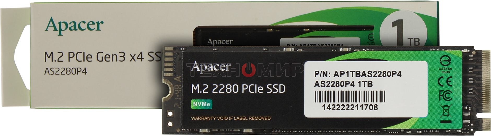 Накопитель SSD Apacer 1Tb, M.2 2280, AS2280P4 PCIe 3.0 x4, NVMe, R/W 3000/2000