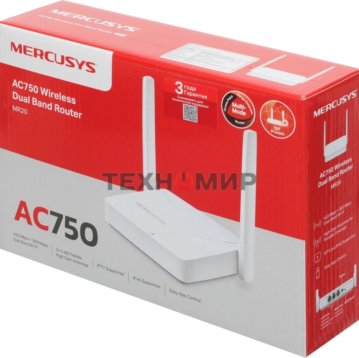 Роутер Mercusys MR20 AC750 Dual-Band Wi-Fi RouterSPEED: 300 Mbps at 2.4 GHz + 433 Mbps at 5 GHzSPEC: 2× Fixed External Antennas, 2× 10/100 Mbps LAN Ports, 1× 10/100 Mbps WAN PortFEATURE: Router/Access Point Mode Mode, WPS/Reset Button, IPTV, IPv6, Parenta