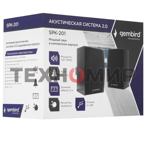 Акустическая система Gembird SPK-201, черный МДФ,2х2,5 Вт, регулятор громкости, USB