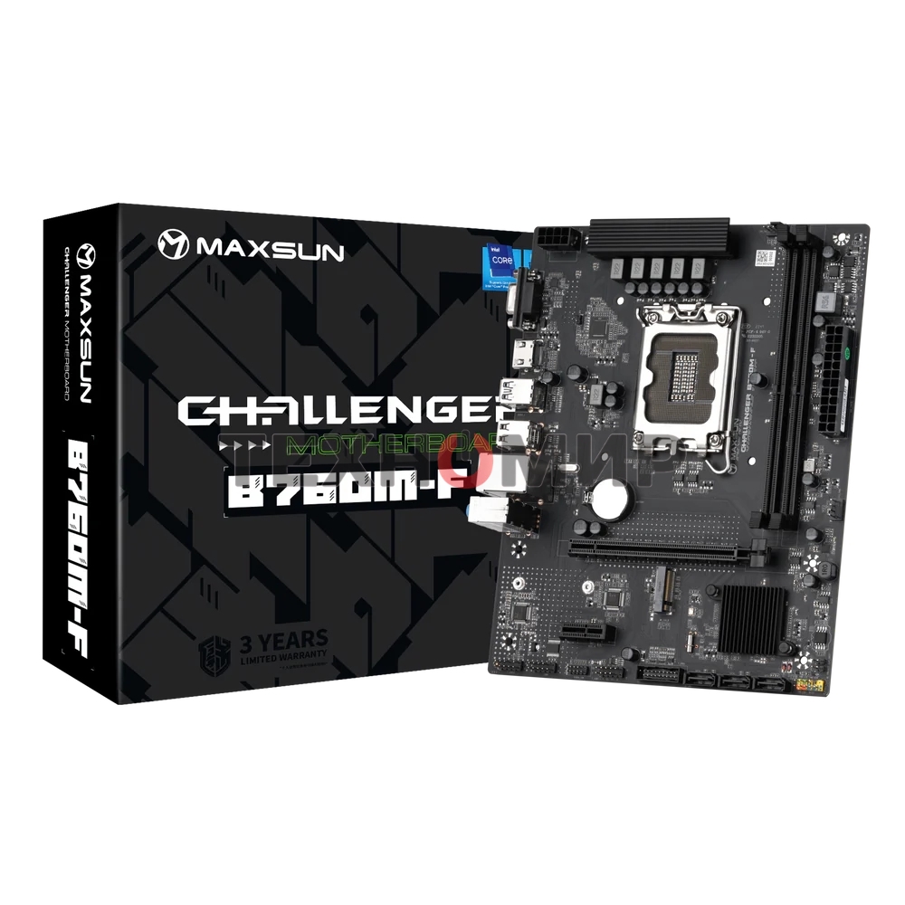 Материнская плата Maxsun Challenger B760M-F, LGA 1700, Intel B760, 2xDDR4, 3xSATA III, 2xM.2, 1xPCIe 4.0 x16, 1xHDMI, 1xVGA, 1xRJ-45 1Gb LAN, 2xUSB 3.2 Gen 1, 4xUSB 2.0, 3x3.5 мм, 5.1, mATX