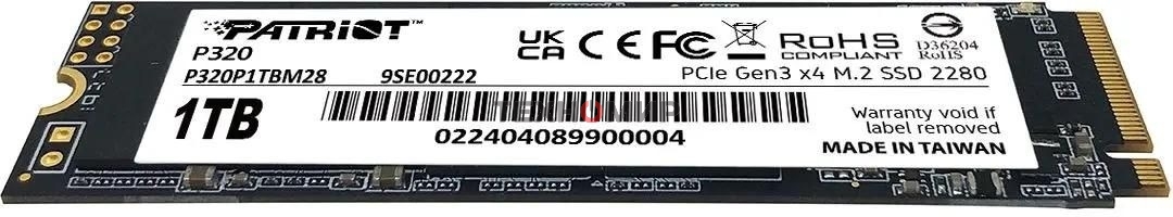 Накопитель SSD Patriot P320, 1Tb, PCIe 3.0 x4, M.2 2280, NVMe, R/W 3000/2200