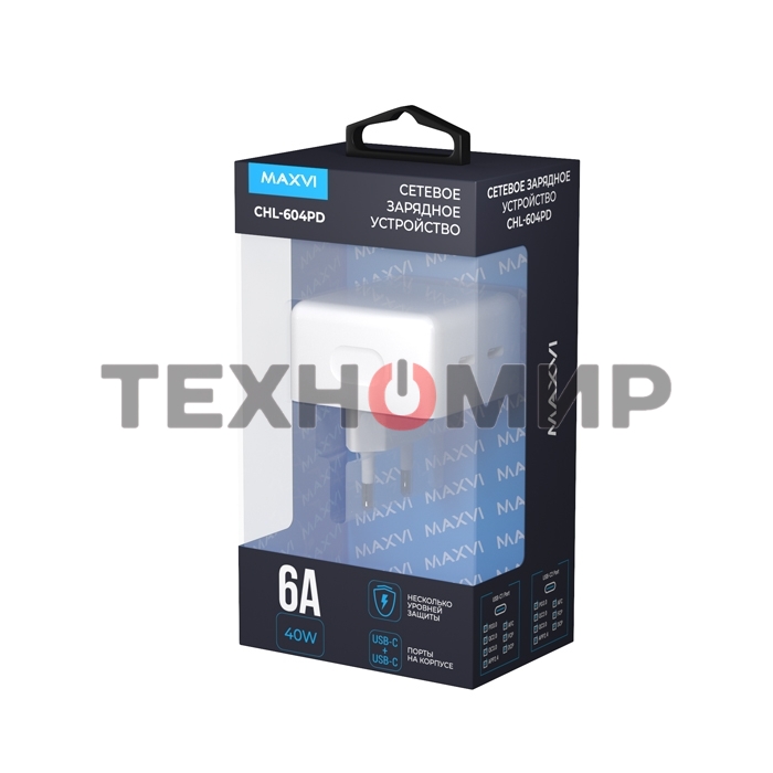 Сетевое зарядное устройство Maxvi CHL-604PD Type-C\Type-C 40W 6A (3A+3A) PD QC3.0, белый