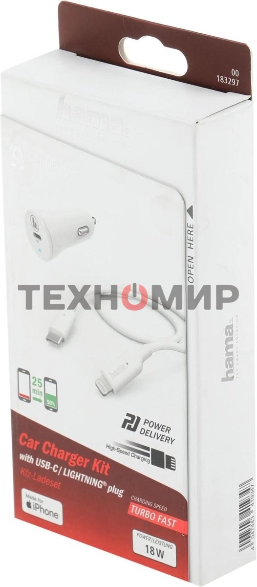 Комплект зарядное устройство Hama H-183297 3A PD для Apple кабель Apple Lightning/Type-C белый