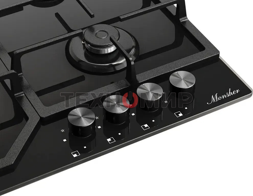 Варочная поверхность MONSHER/ Варочная поверхность MONSHER, газ, High-Tech, 59 см, автоматический электроподжиг, газ-контроль, форсунки под сжиженый газ, SABAF конфорки, чугунные решетки, черный