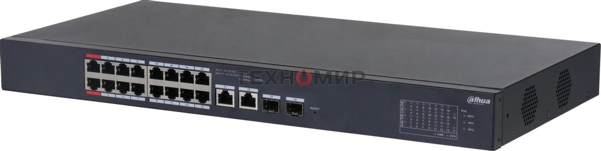 Коммутатор Dahua DH-CS4218-16ET-135 (L2) 16x100Мбит/с 2xКомбо (1000BASE-T/SFP) 16PoE 135W управляемый
