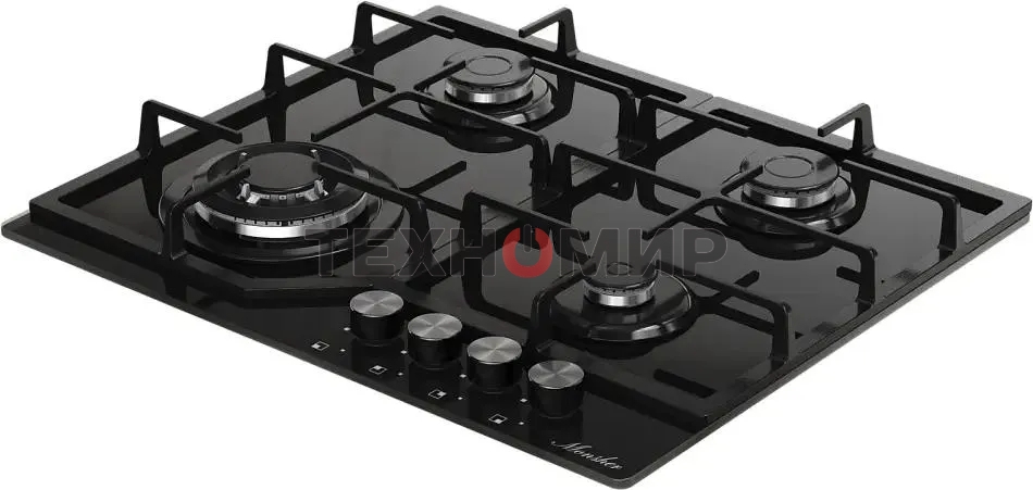 Варочная поверхность MONSHER/ Варочная поверхность MONSHER, газ, High-Tech, 59 см, автоматический электроподжиг, газ-контроль, форсунки под сжиженый газ, SABAF конфорки, чугунные решетки, черный