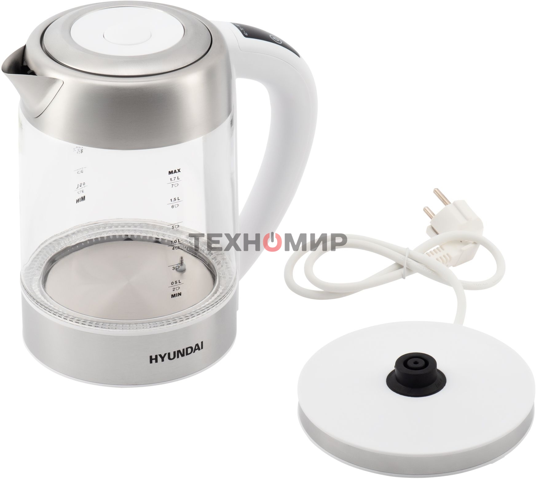 Чайник электрический Hyundai HYK-S5807 1.7 л, 2200 Вт, белый/серебристый (корпус: стекло)
