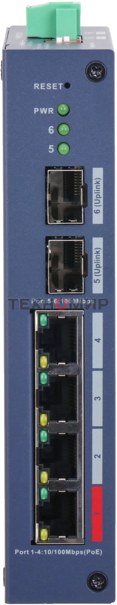 Коммутатор Dahua DH-CHS4206-4ET-90 4-портовый PoE управляемый 4 RJ45 10/100 Мбит/с (PoE/PoE+/Hi-PoE), 2 SFP 1000 Мбит/с (uplink); PoE: порт 1 до 90Вт IP30, IK06; монтаж на DIN-рейку