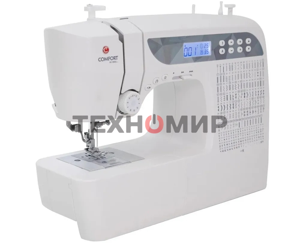 Швейная машина Comfort 1001 200 операций, 9 видов петель, жк дисплей, нитевдеватель, горизонтальный челнок, русск./англ. алфавит, плавная регулировка скорости на корпусе, регулятор давления лапки, нитевдеватель, возможность шитья двойной иглой, возможност