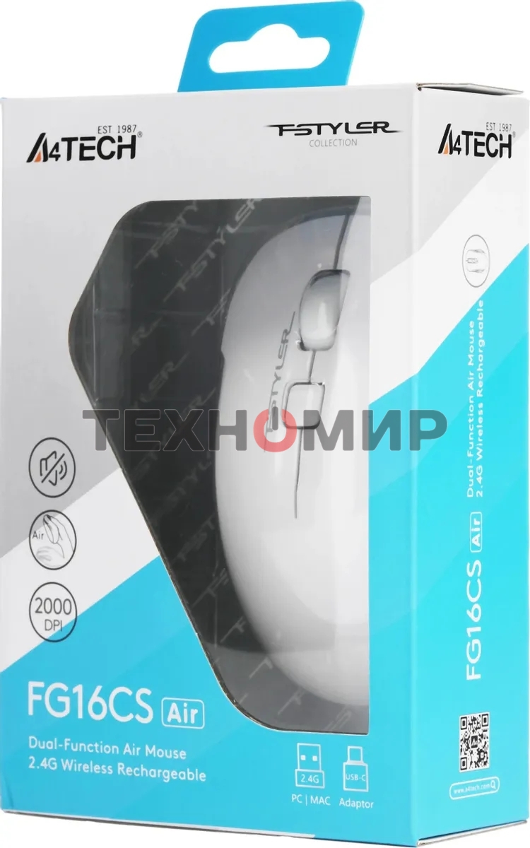 Мышь беспроводная A4Tech Fstyler FG16CS Air белый, 2000 dpi, радиоканал, USB, кнопки - 3
