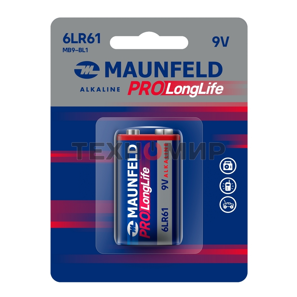 Батарейки Maunfeld PRO Long Life Alkaline 9V(6LR61) MB9-BL1, блистер 1 шт.