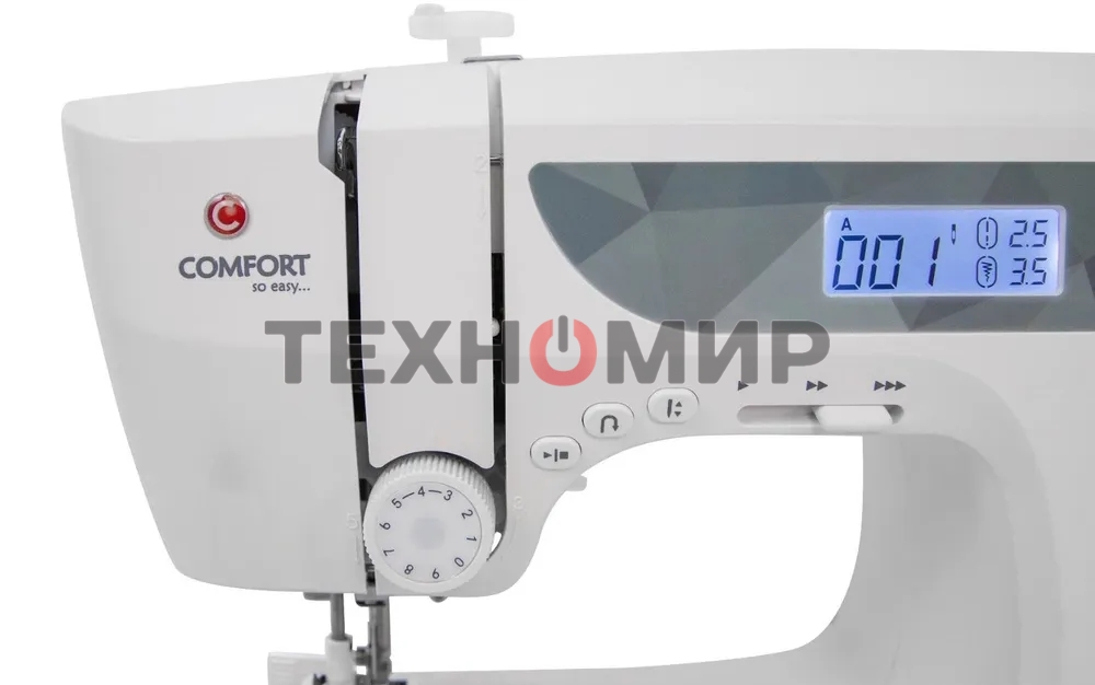 Швейная машина Comfort 1001 200 операций, 9 видов петель, жк дисплей, нитевдеватель, горизонтальный челнок, русск./англ. алфавит, плавная регулировка скорости на корпусе, регулятор давления лапки, нитевдеватель, возможность шитья двойной иглой, возможност