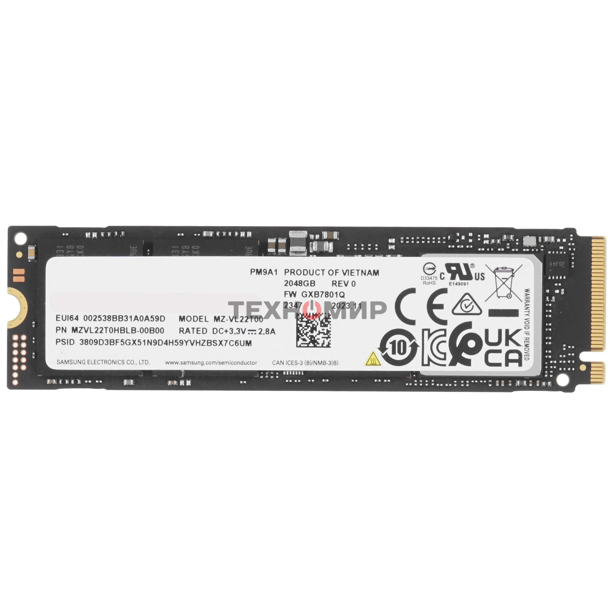 Накопитель SSD Samsung 2Tb, M.2 2280, PM9A1 PCIe 4.0 x4, NVMe, R/W 7000/5200