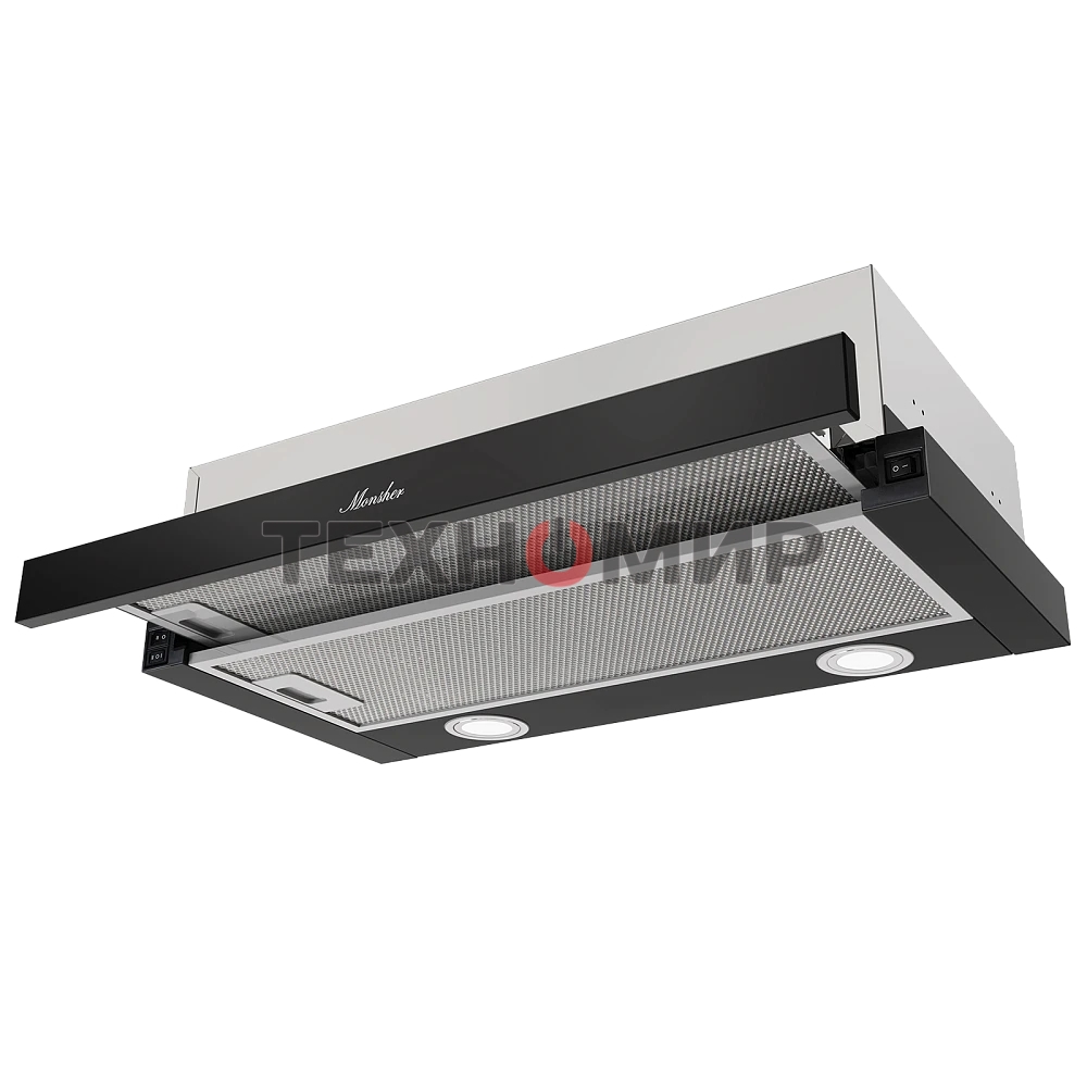 Встраиваемая вытяжка MONSHER, телескопическая, 60 см, High-Tech, макс. Производительность 650 м3/ч, 2 скорости, механическое управление, светодиодное освещение, уровень шума 53 дБ, черный